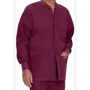 4XL Men’s Long Sleeve Scrubs Medical Snap Button Front Crew Neck Pockets Maroon